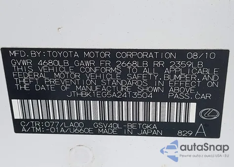 2010 Lexus Es 350 z USA, uszkodzony, nr VIN JTHBK1EG5A2413504